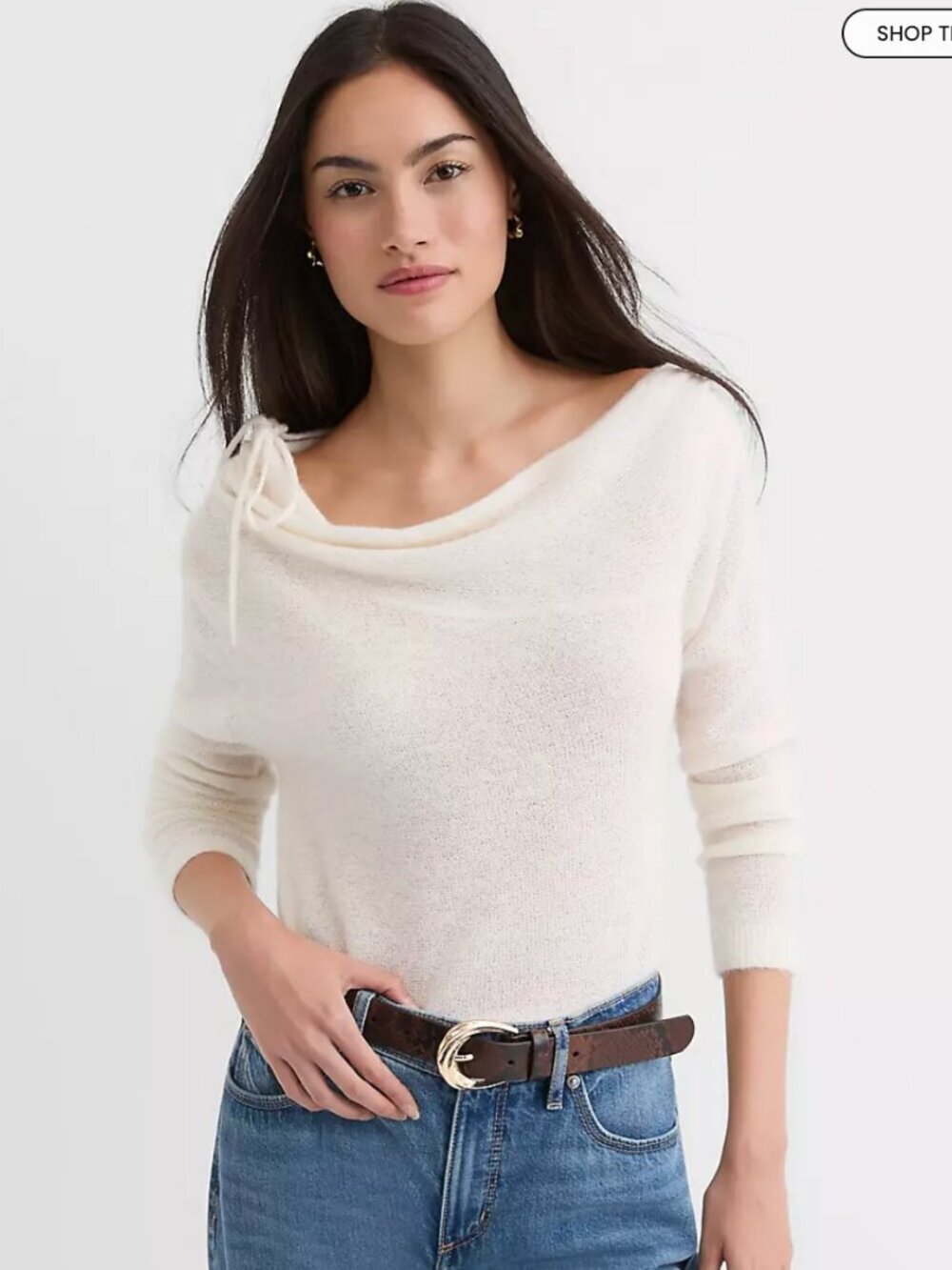 LOFT Tie Neck On or Off Shoulder Super Soft Sweater Size XS Cream